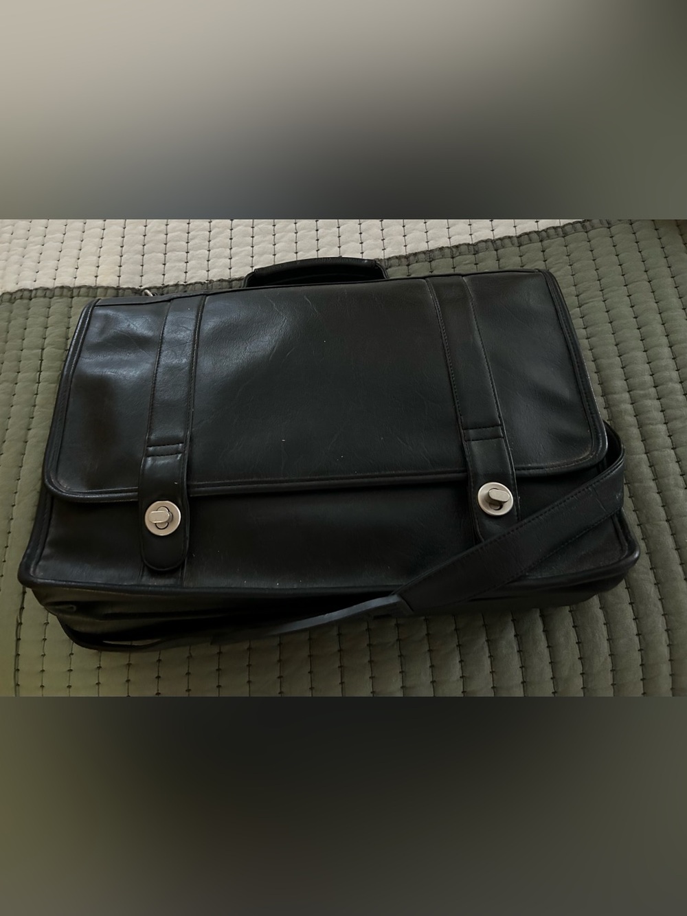 Stebco vintage black leather messenger briefcase. "turnlock satchel"